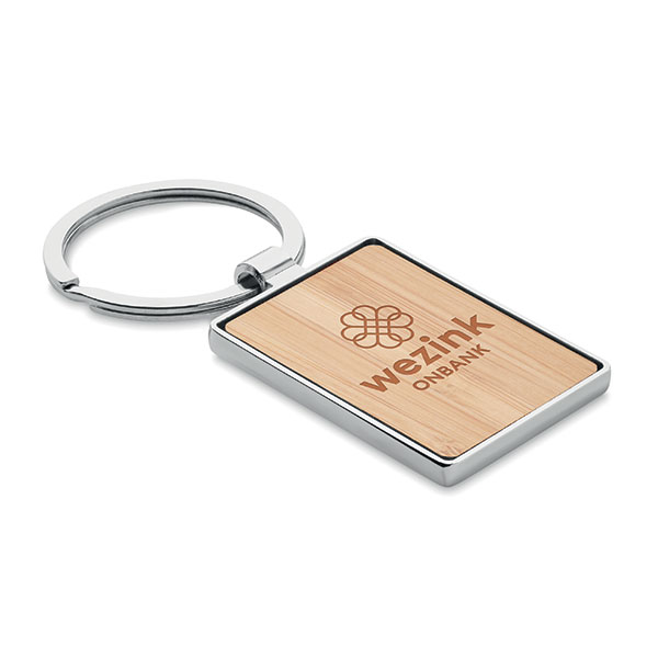 N037 Shaped Metal and Bamboo Key Ring - Spot Colour