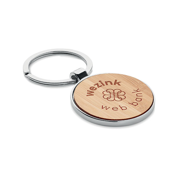 N037 Shaped Metal and Bamboo Key Ring - Spot Colour