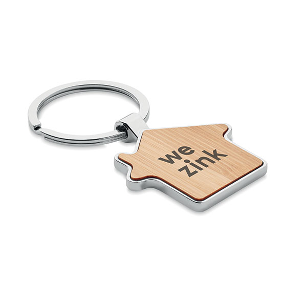 N037 Shaped Metal and Bamboo Key Ring - Spot Colour